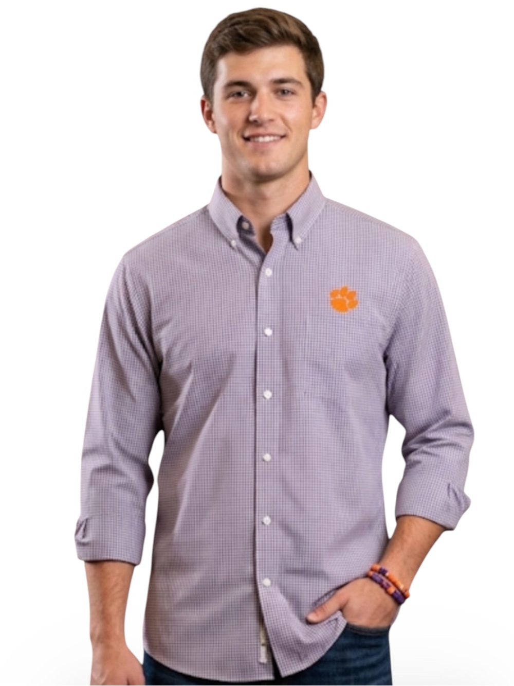 Cutter & Buck Clemson Tigers Men's M Purple White Gingham Button Down Shirt